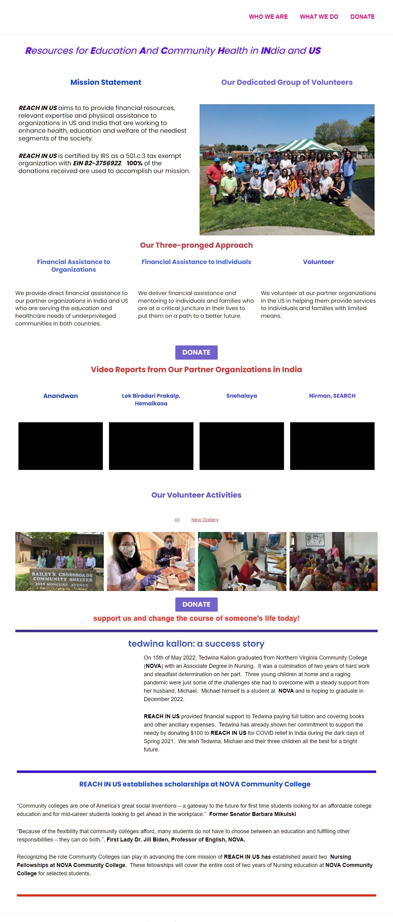 Home page of the Reach in US non-profit website